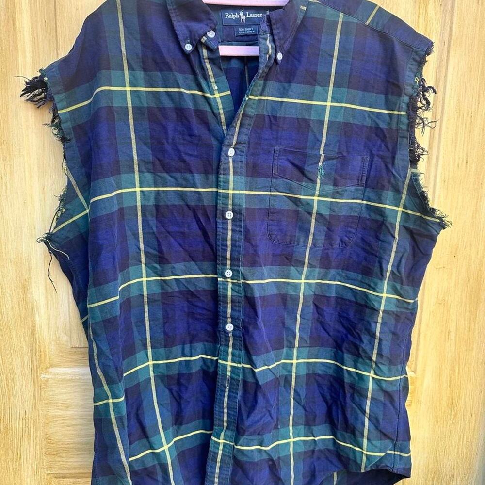 Ralph Lauren Big Shirt Plaid Vest Mens M 100% Cotton Sleeveless white trash bash